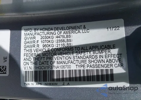 2022 Honda Accord Sport из США, поврежденный, VIN 1HGCV1F37NA106700